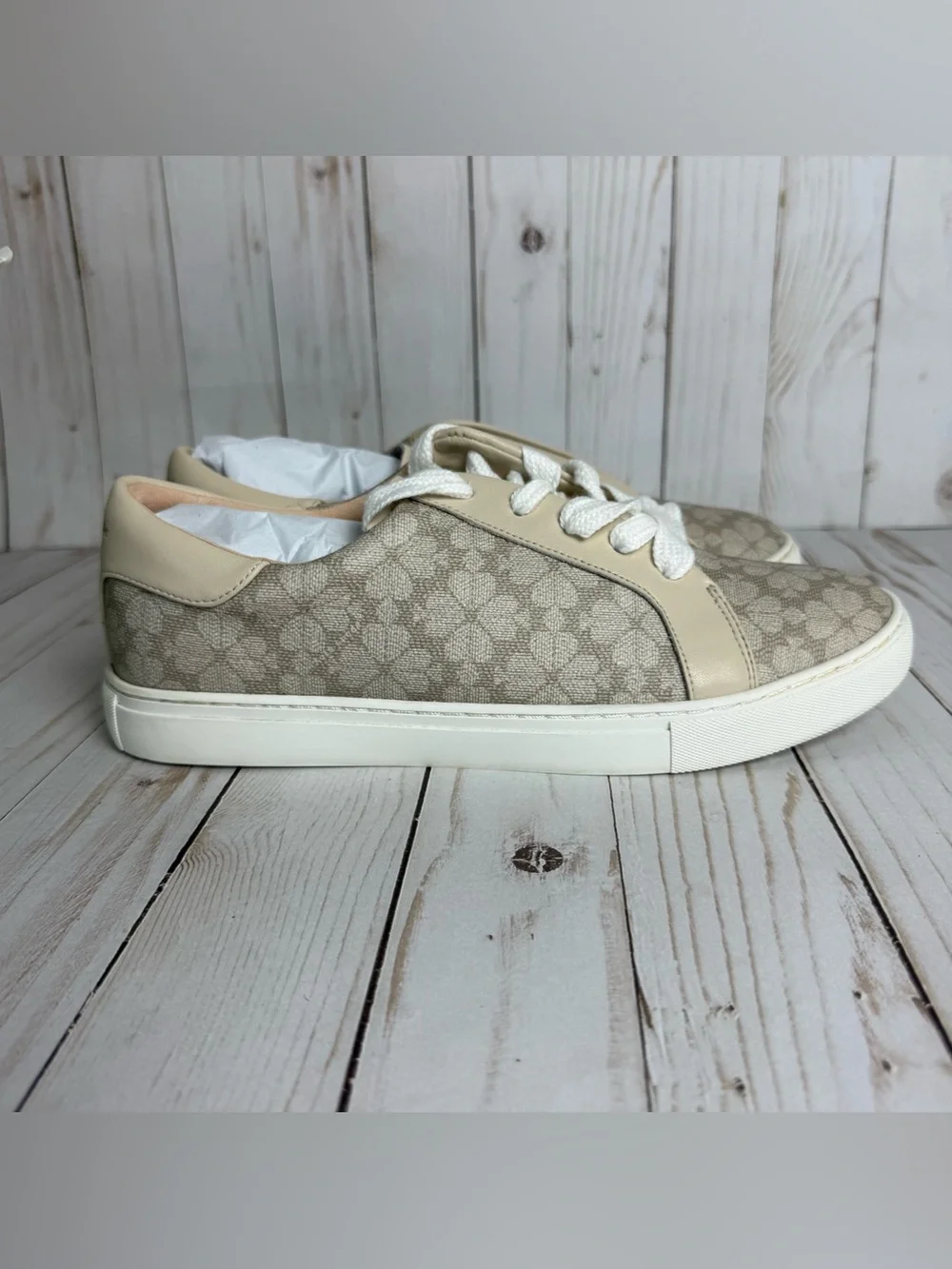 Kate Spade Taupe Erin Spade Flower Logo Sneakers Lace Up Vegan Leather